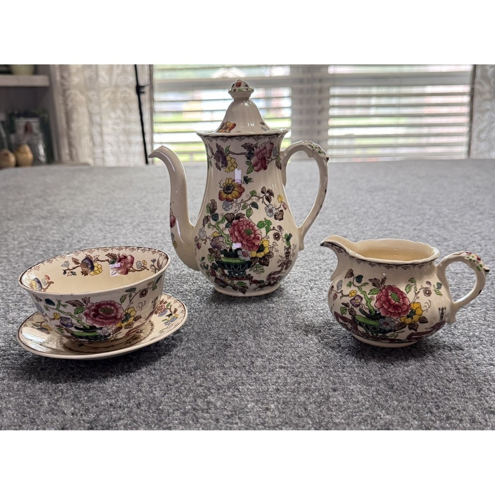 VTG Mason's Patent Ironstone Nabob Tea Set Teapot‎ Open Sugar Bowl Creamer Rare